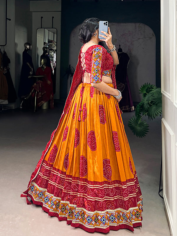Mustard Yellow Bandhej Print Gamthi Work Tasar Silk Lehenga Choli With Dupatta