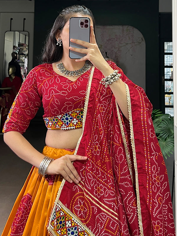 Mustard Yellow Bandhej Print Gamthi Work Tasar Silk Lehenga Choli With Dupatta