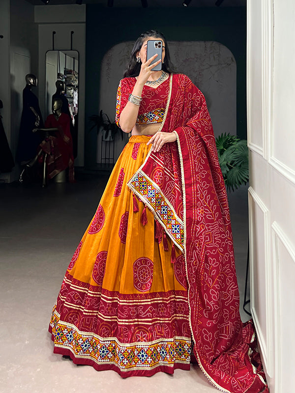 Mustard Yellow Bandhej Print Gamthi Work Tasar Silk Lehenga Choli With Dupatta