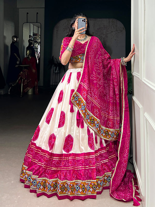 Pink Bandhej Print Gamthi Work Tasar Silk Lehenga Choli With Dupatta