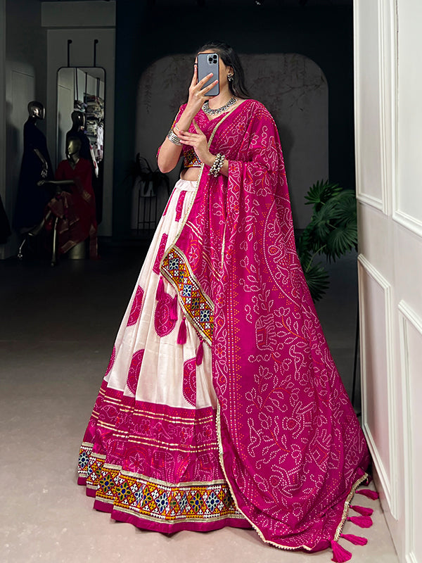 Pink Bandhej Print Gamthi Work Tasar Silk Lehenga Choli With Dupatta