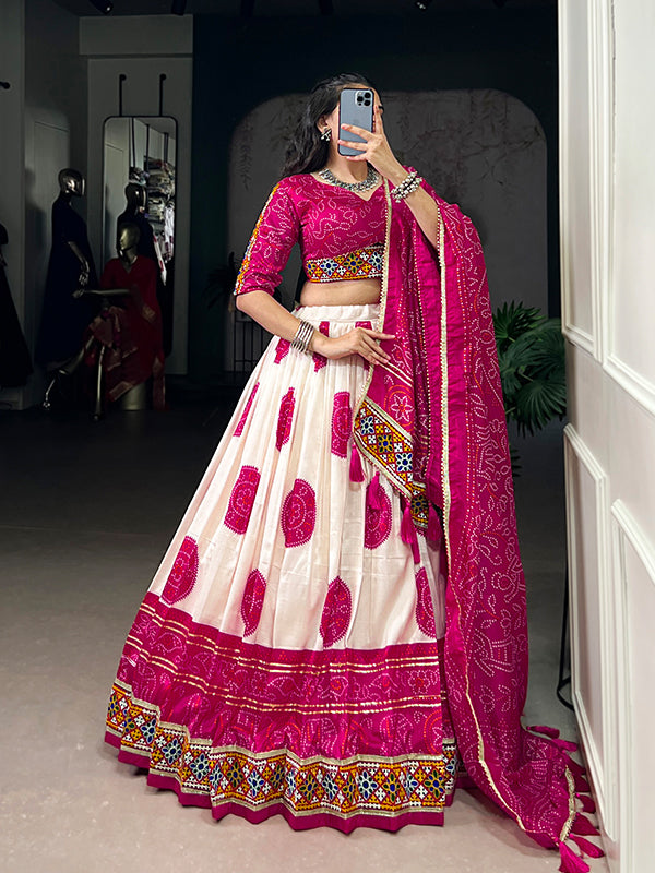 Pink Bandhej Print Gamthi Work Tasar Silk Lehenga Choli With Dupatta
