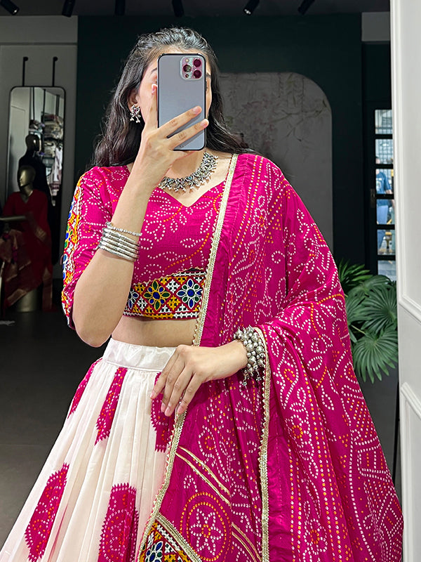 Pink Bandhej Print Gamthi Work Tasar Silk Lehenga Choli With Dupatta