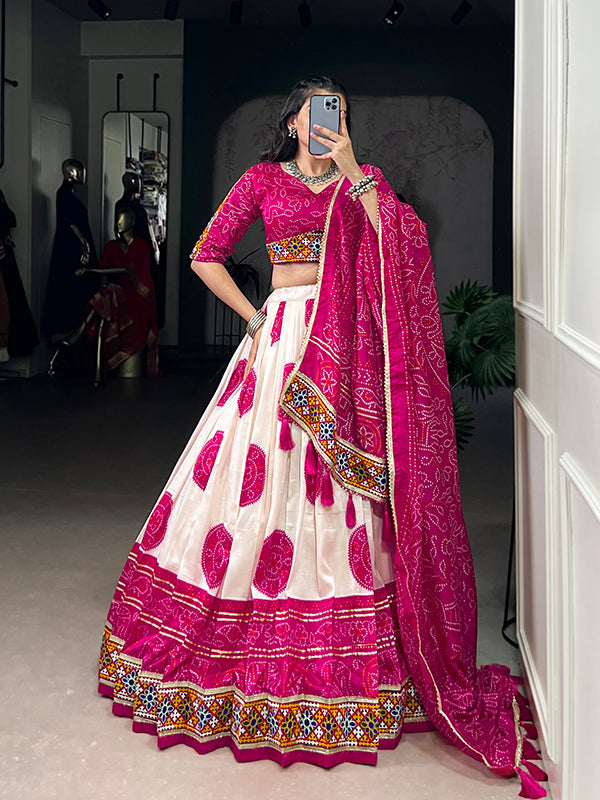 Pink Bandhej Print Gamthi Work Tasar Silk Lehenga Choli With Dupatta
