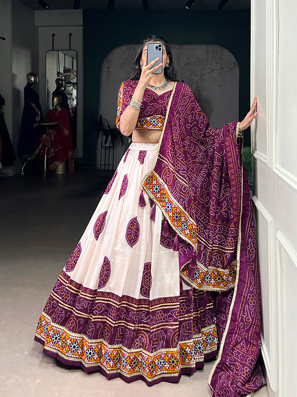 Wine Bandhej Print Gamthi Work Tasar Silk Lehenga Choli With Dupatta