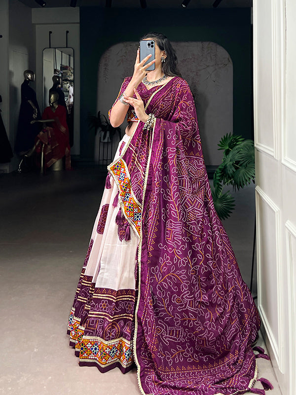 Wine Bandhej Print Gamthi Work Tasar Silk Lehenga Choli With Dupatta