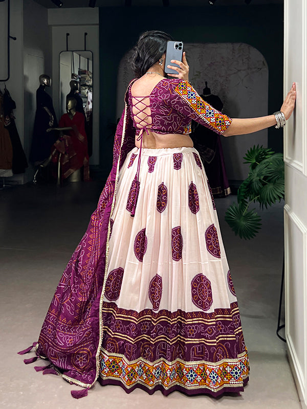 Wine Bandhej Print Gamthi Work Tasar Silk Lehenga Choli With Dupatta
