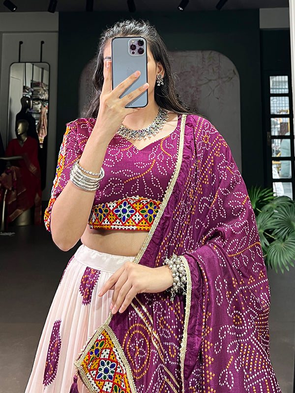 Wine Bandhej Print Gamthi Work Tasar Silk Lehenga Choli With Dupatta