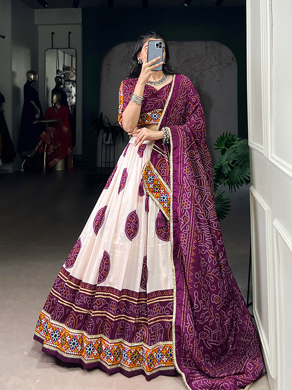 Wine Bandhej Print Gamthi Work Tasar Silk Lehenga Choli With Dupatta