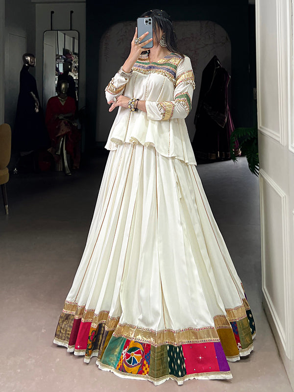 Off White Multi Patch Work Top With Pure Rayon Lehenga