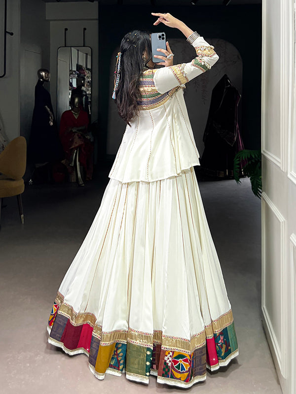 Off White Multi Patch Work Top With Pure Rayon Lehenga