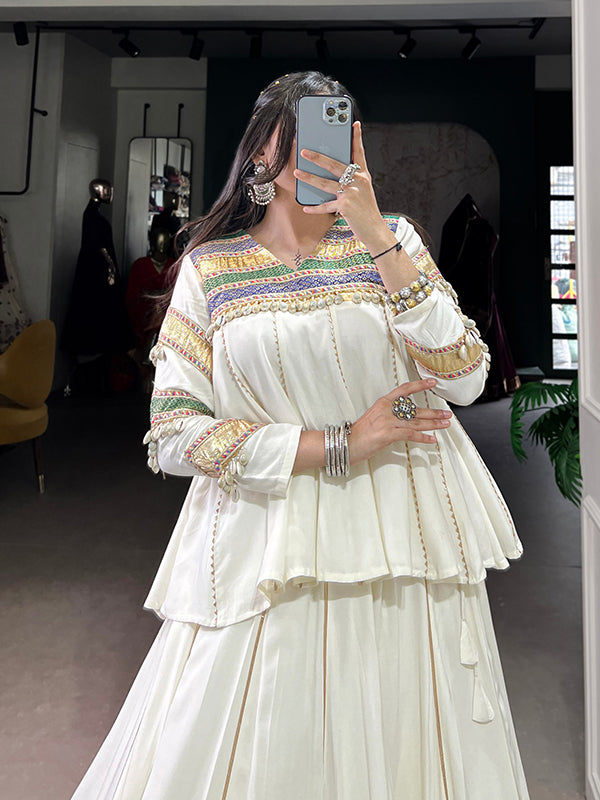 Off White Multi Patch Work Top With Pure Rayon Lehenga