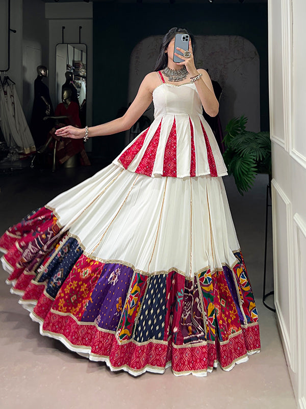 White Multicolor Patch Work Rayon Peplum Top With Lehenga