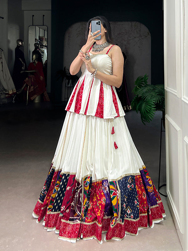 White Multicolor Patch Work Rayon Peplum Top With Lehenga