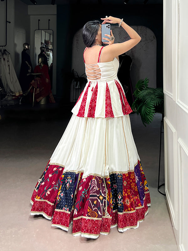 White Multicolor Patch Work Rayon Peplum Top With Lehenga
