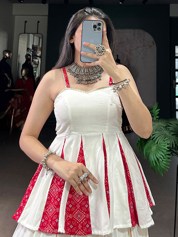 White Multicolor Patch Work Rayon Peplum Top With Lehenga