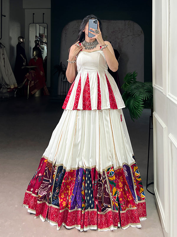 White Multicolor Patch Work Rayon Peplum Top With Lehenga