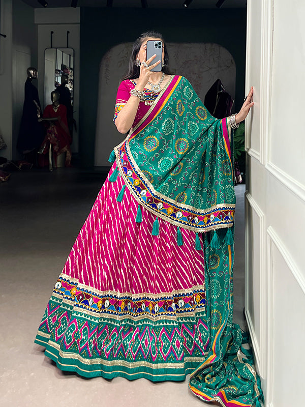 Pink Leheriya Patola Print Lehenga Choli With Rama Blue Dupatta