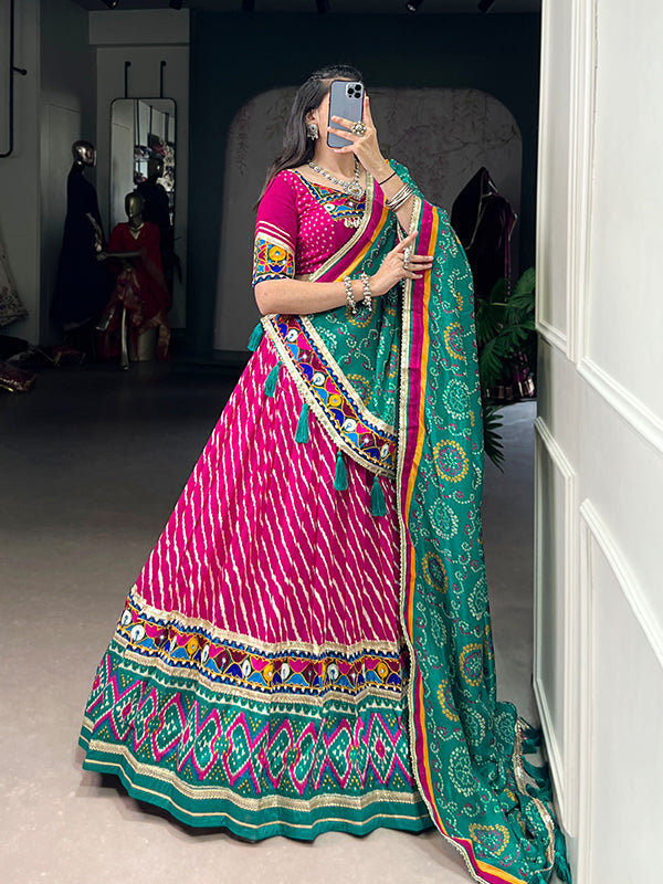 Pink Leheriya Patola Print Lehenga Choli With Rama Blue Dupatta