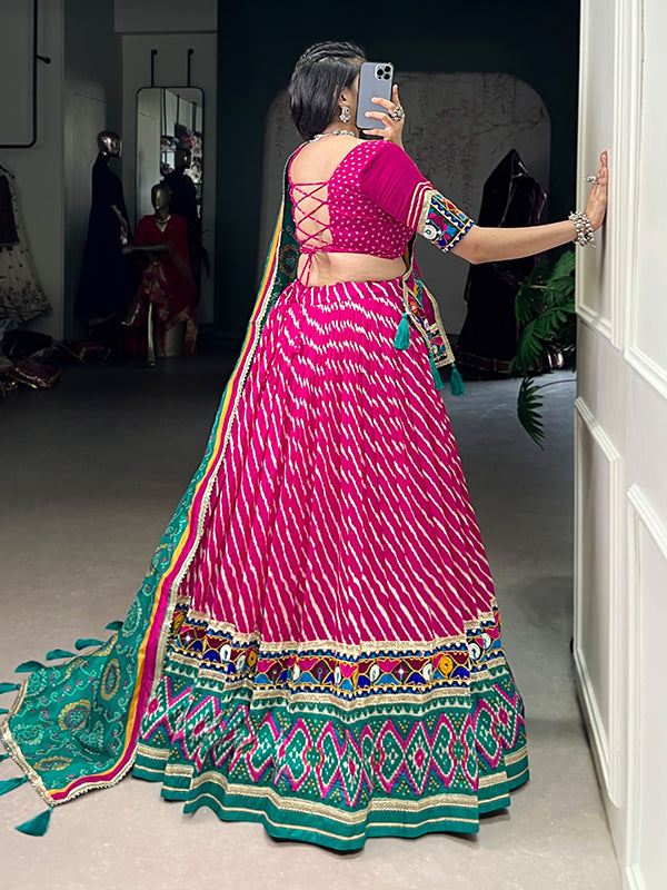 Pink Leheriya Patola Print Lehenga Choli With Rama Blue Dupatta