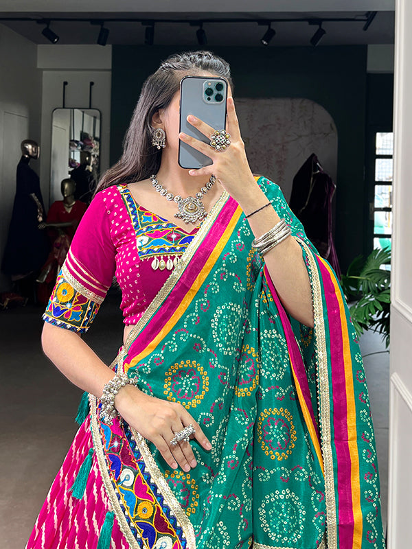 Pink Leheriya Patola Print Lehenga Choli With Rama Blue Dupatta