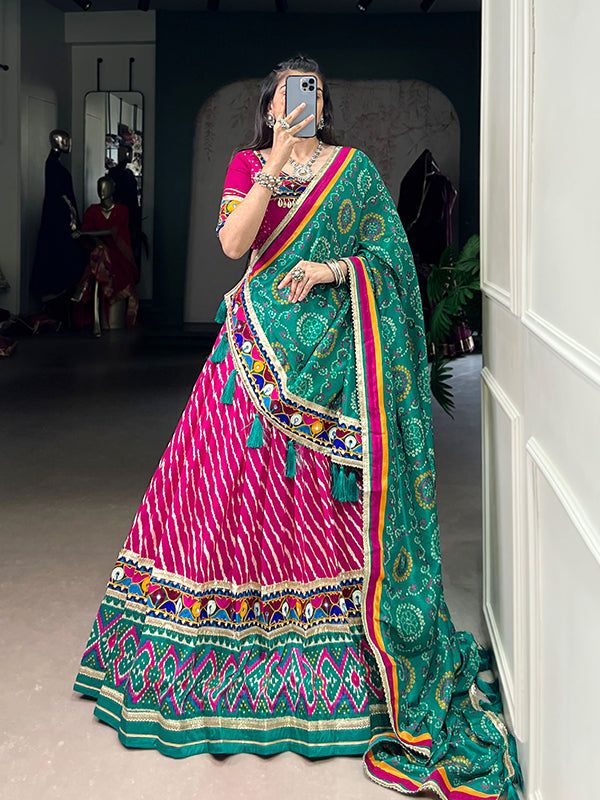 Pink Leheriya Patola Print Lehenga Choli With Rama Blue Dupatta
