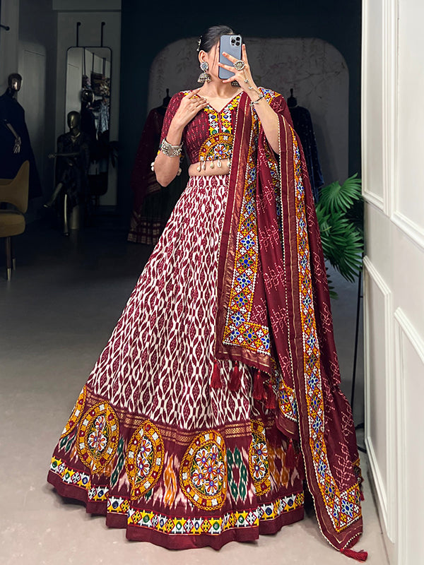 Maroon Ikkat Print Tussar Silk Lehenga Choli With Dupatta