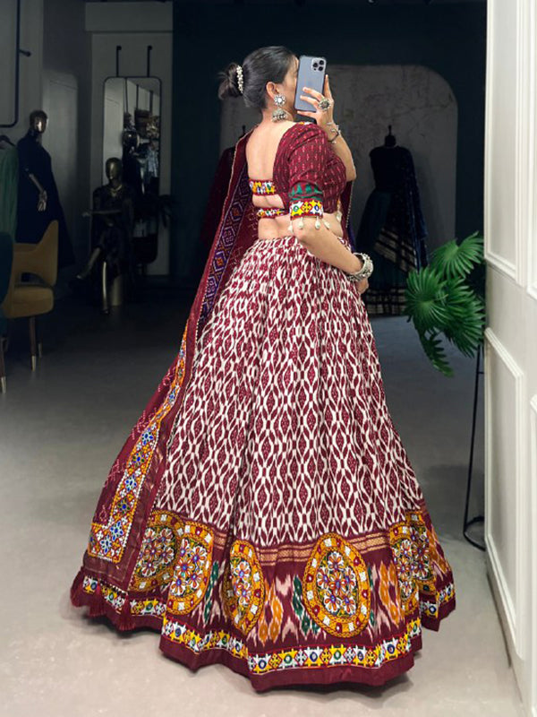 Maroon Ikkat Print Tussar Silk Lehenga Choli With Dupatta