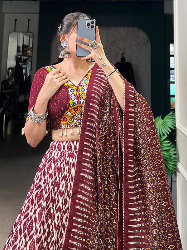 Maroon Ikkat Print Tussar Silk Lehenga Choli With Dupatta