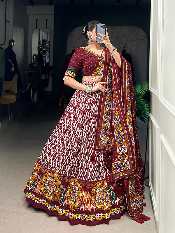 Maroon Ikkat Print Tussar Silk Lehenga Choli With Dupatta