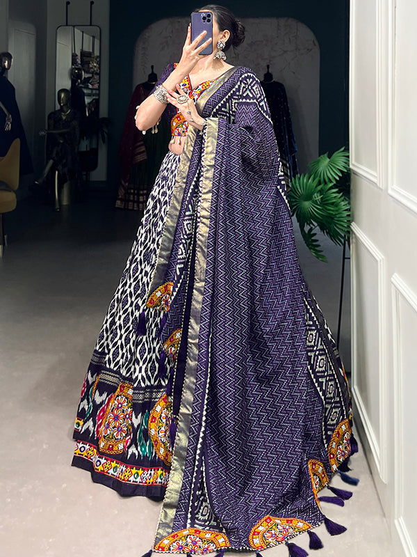 Navy Blue Ikkat Print Tussar Silk Lehenga Choli With Dupatta
