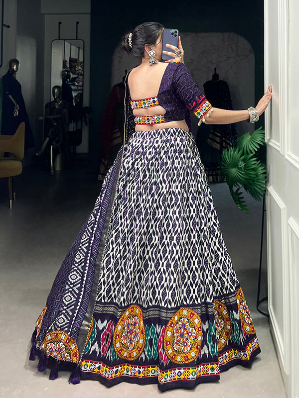 Navy Blue Ikkat Print Tussar Silk Lehenga Choli With Dupatta
