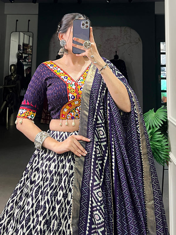 Navy Blue Ikkat Print Tussar Silk Lehenga Choli With Dupatta