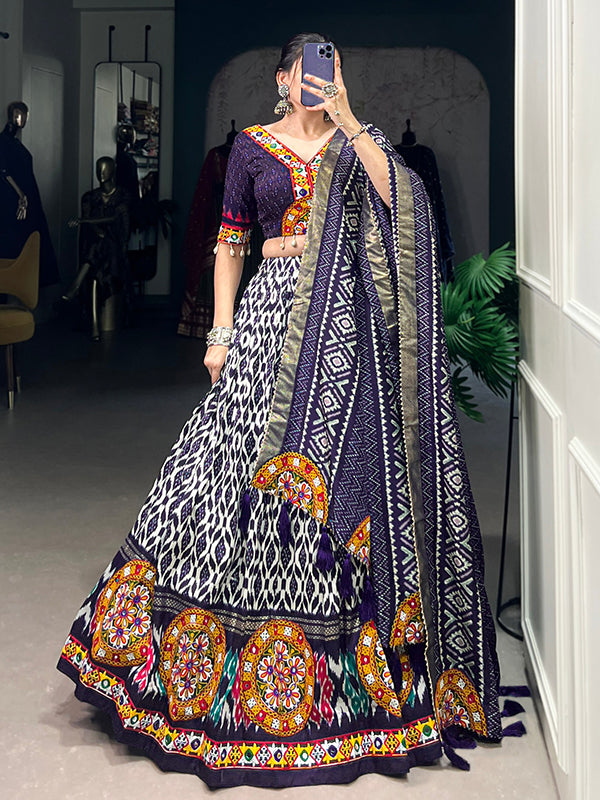 Navy Blue Ikkat Print Tussar Silk Lehenga Choli With Dupatta