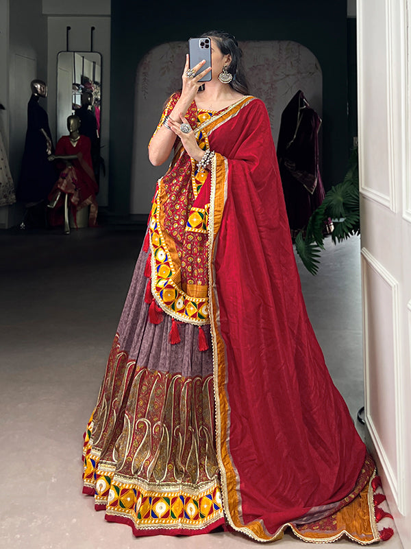 Onion Pink Kashmiri Print Tussar Silk Lehenga Choli With Dupatta