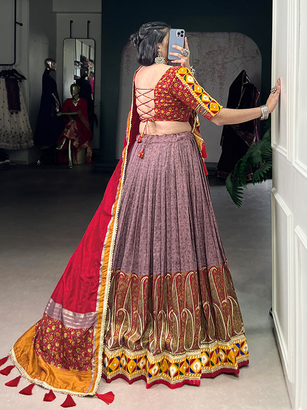 Onion Pink Kashmiri Print Tussar Silk Lehenga Choli With Dupatta