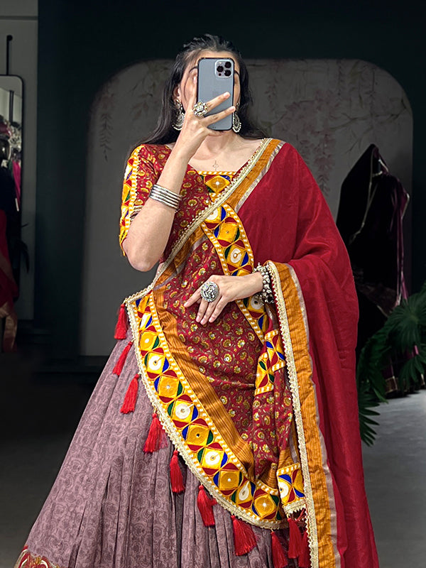 Onion Pink Kashmiri Print Tussar Silk Lehenga Choli With Dupatta