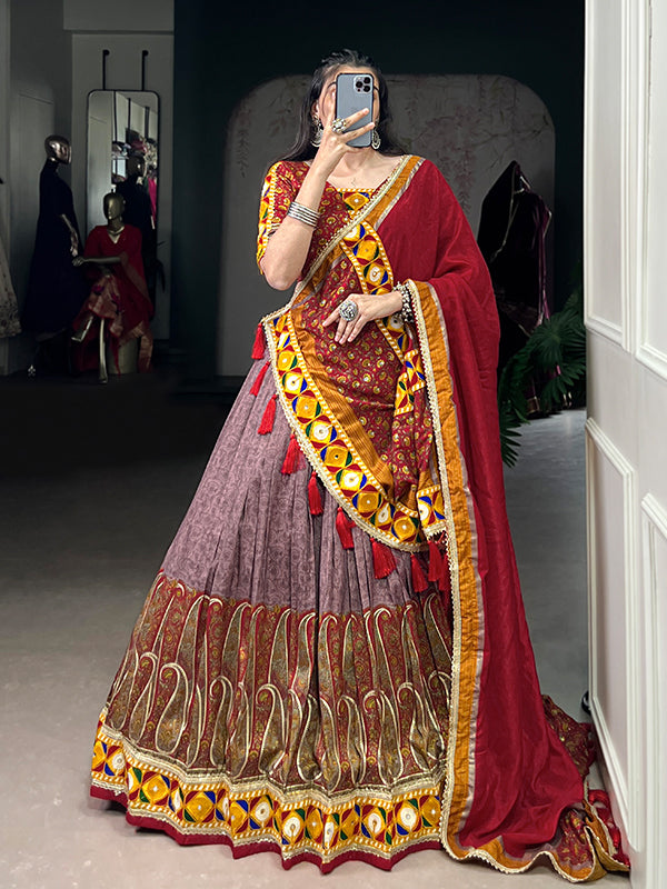 Onion Pink Kashmiri Print Tussar Silk Lehenga Choli With Dupatta