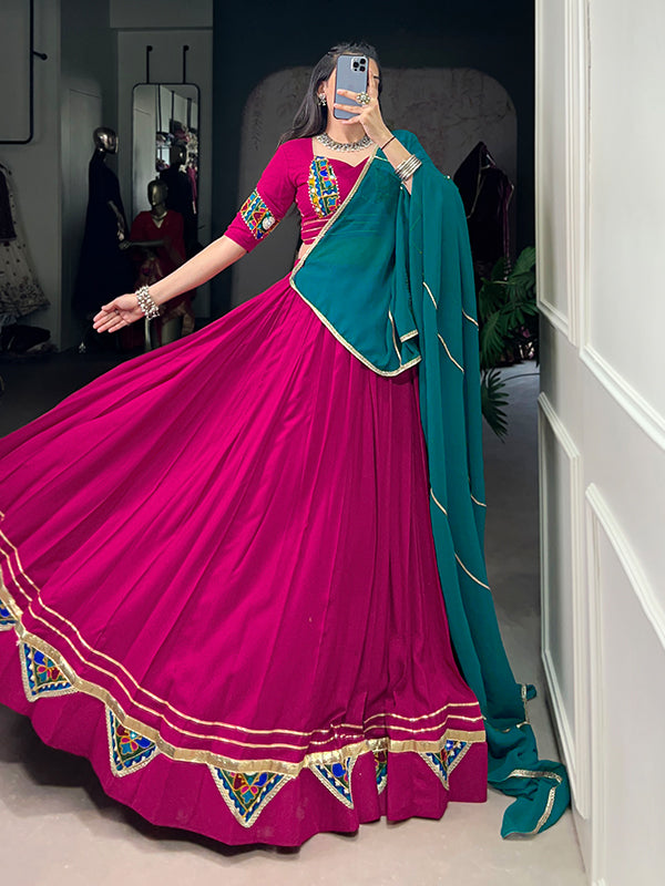 Pink Gamthi Work Lehenga Choli With Teal Blue Georgette Dupatta