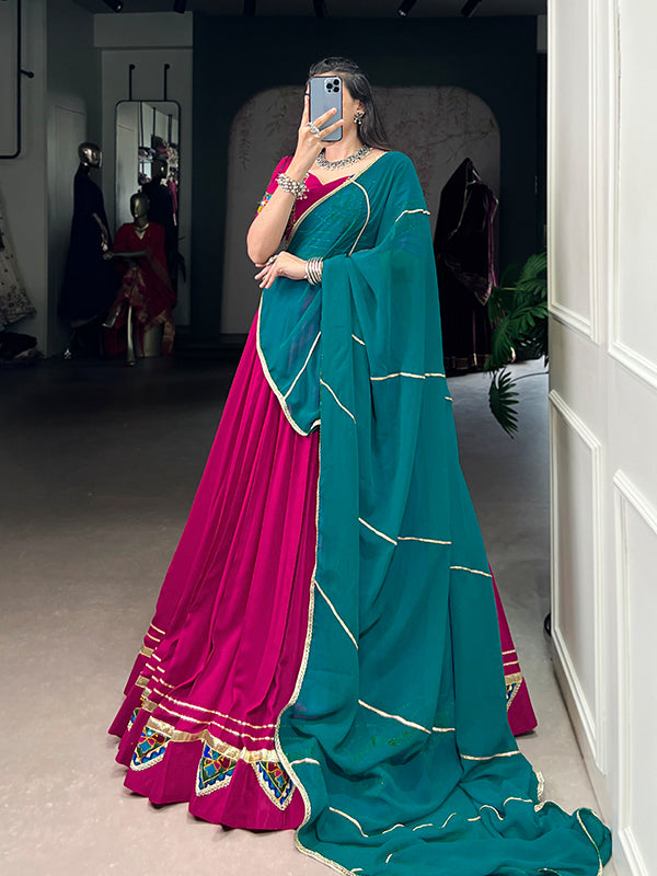 Pink Gamthi Work Lehenga Choli With Teal Blue Georgette Dupatta