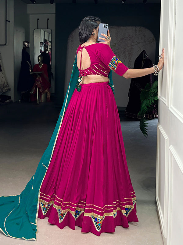 Pink Gamthi Work Lehenga Choli With Teal Blue Georgette Dupatta