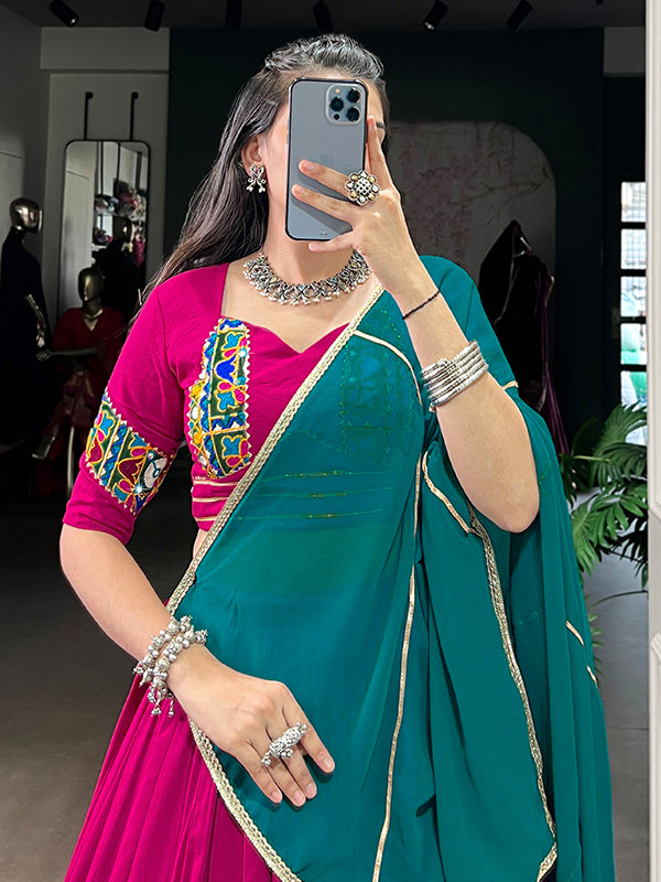 Pink Gamthi Work Lehenga Choli With Teal Blue Georgette Dupatta