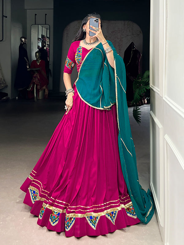 Pink Gamthi Work Lehenga Choli With Teal Blue Georgette Dupatta