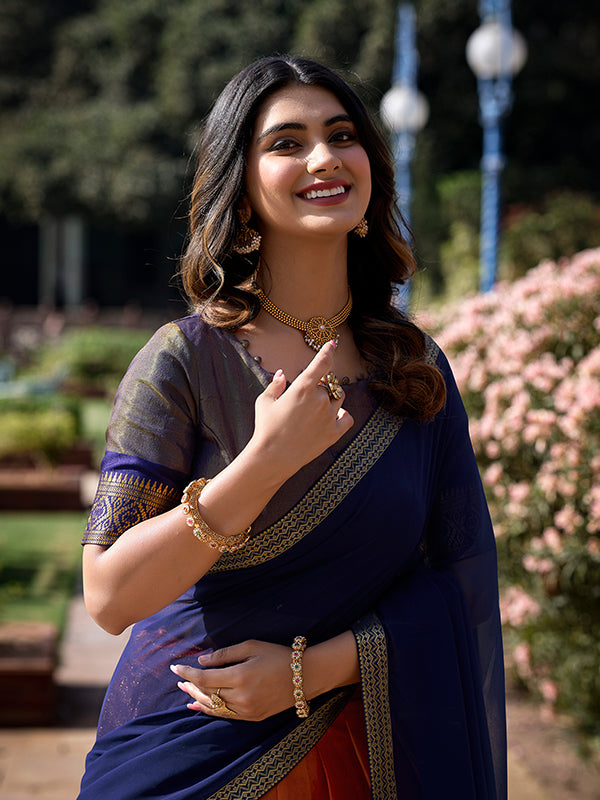 Orange & Blue Kanchipuram Lehenga with Georgette Dupatta