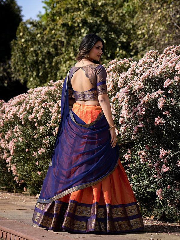 Orange & Blue Kanchipuram Lehenga with Georgette Dupatta