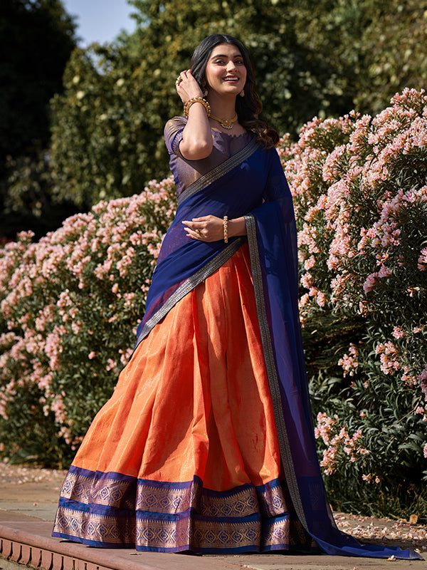 Orange & Blue Kanchipuram Lehenga with Georgette Dupatta