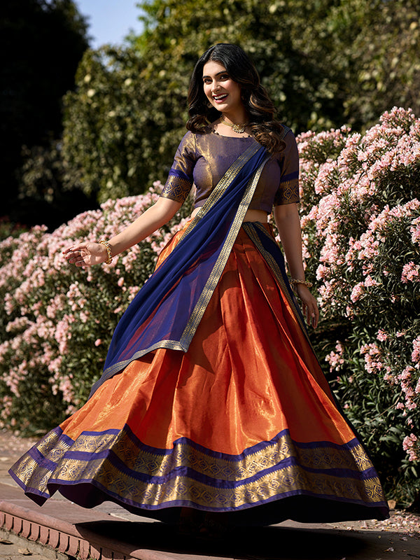 Orange & Blue Kanchipuram Lehenga with Georgette Dupatta