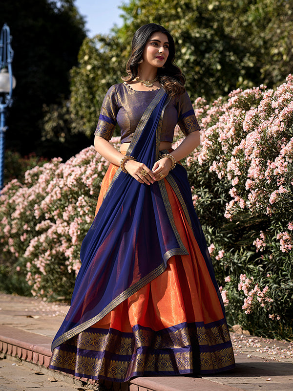 Orange & Blue Kanchipuram Lehenga with Georgette Dupatta