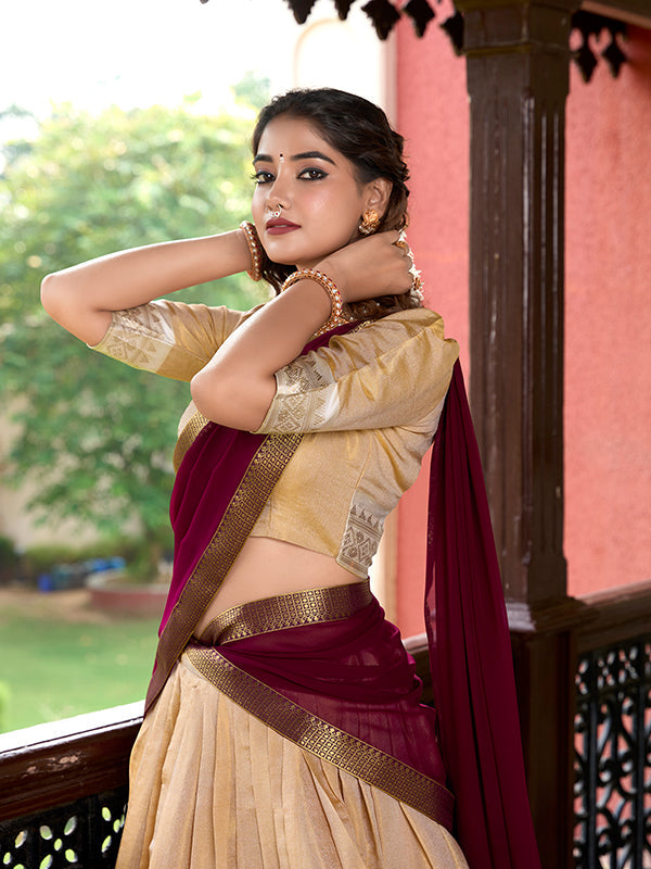 Cream Kanchipuram Zari Weaving Lehenga Choli