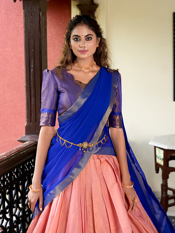 Peach Kanchipuram Zari Weaving Lehenga Choli